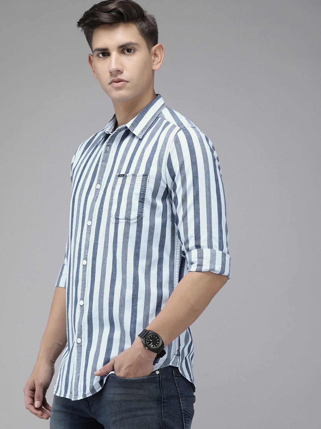 THE BEAR HOUSE Men Blue Slim Fit Cotton Striped Casual Shirt