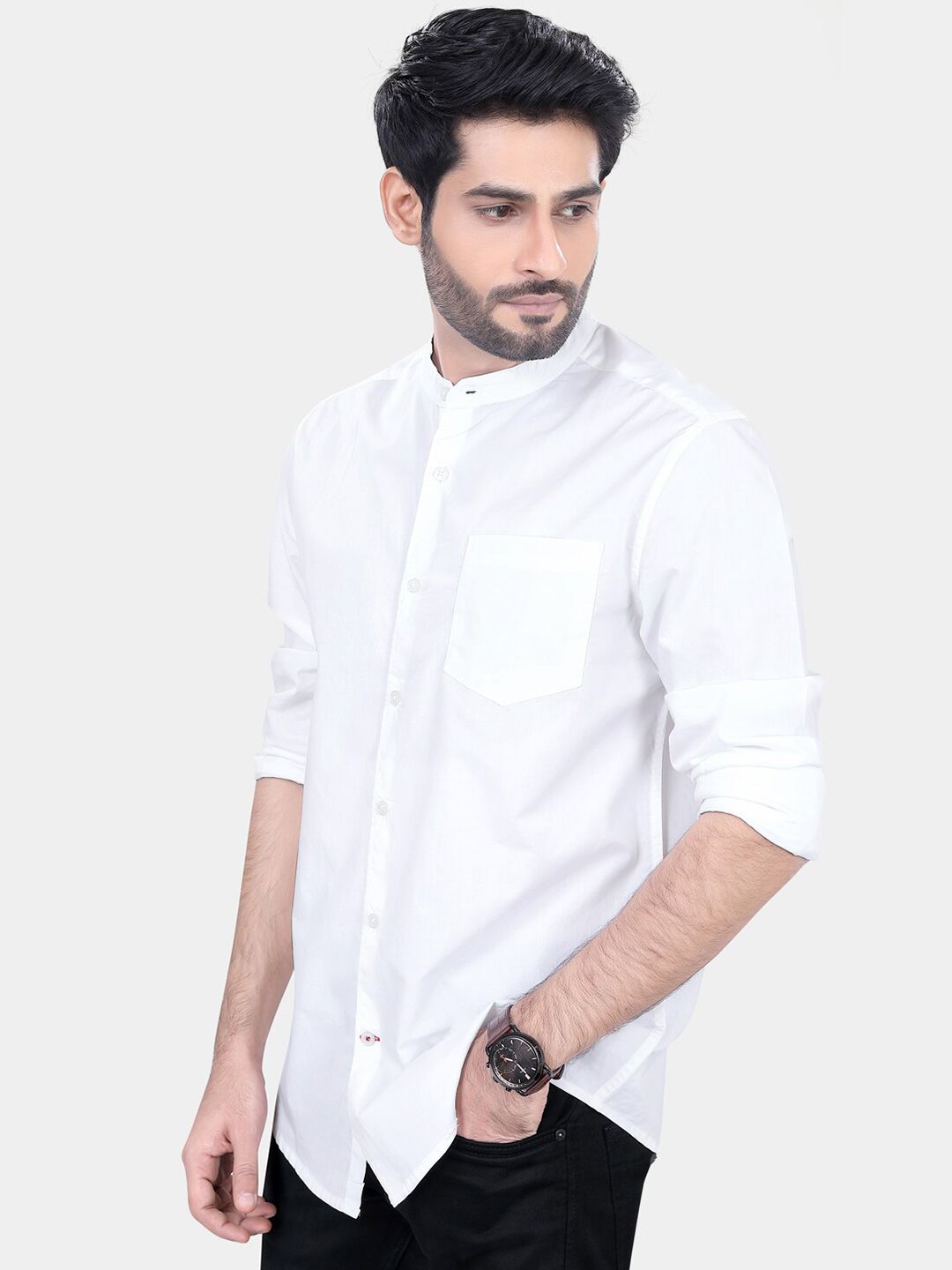 VASTRADO Classic Mandarin Collar Long Sleeves Slim Fit Casual Shirt