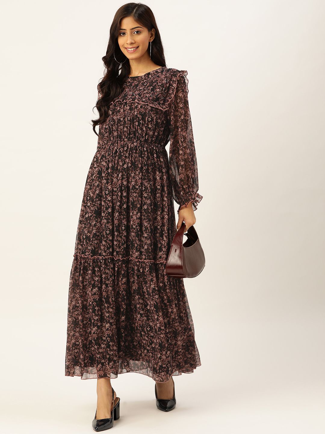 Antheaa Women Black & Mauve Floral Print Maxi Dress
