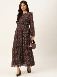 Antheaa Women Black & Mauve Floral Print Maxi Dress