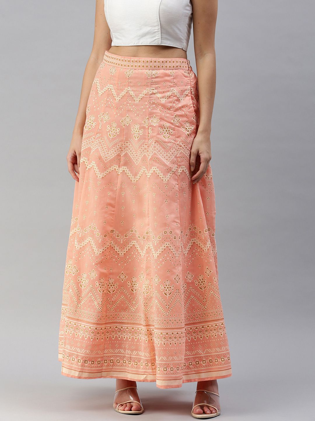 Global Desi Women Peach & Off White Printed Paneled Flared Skirt