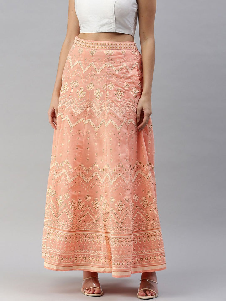 Global Desi Women Peach & Off White Printed Paneled Flared Skirt