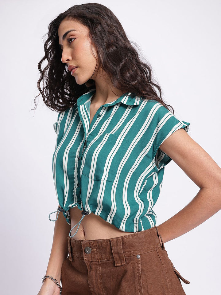 DressBerry Striped Cinched Waist Crop Shirt-Style Top