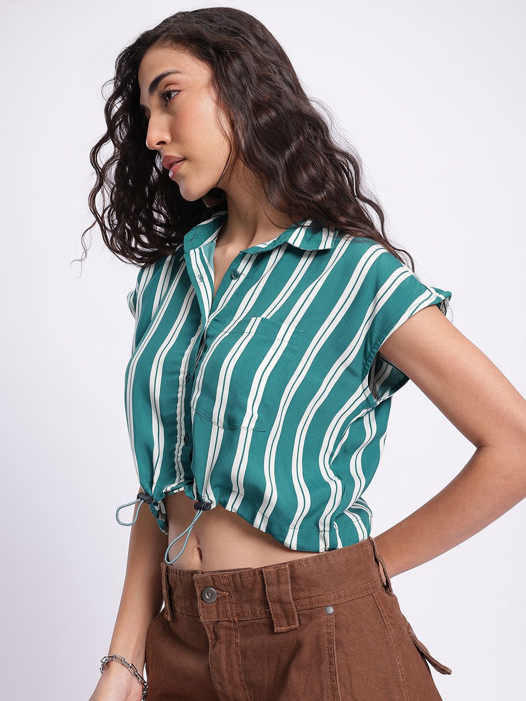 DressBerry Striped Cinched Waist Crop Shirt-Style Top
