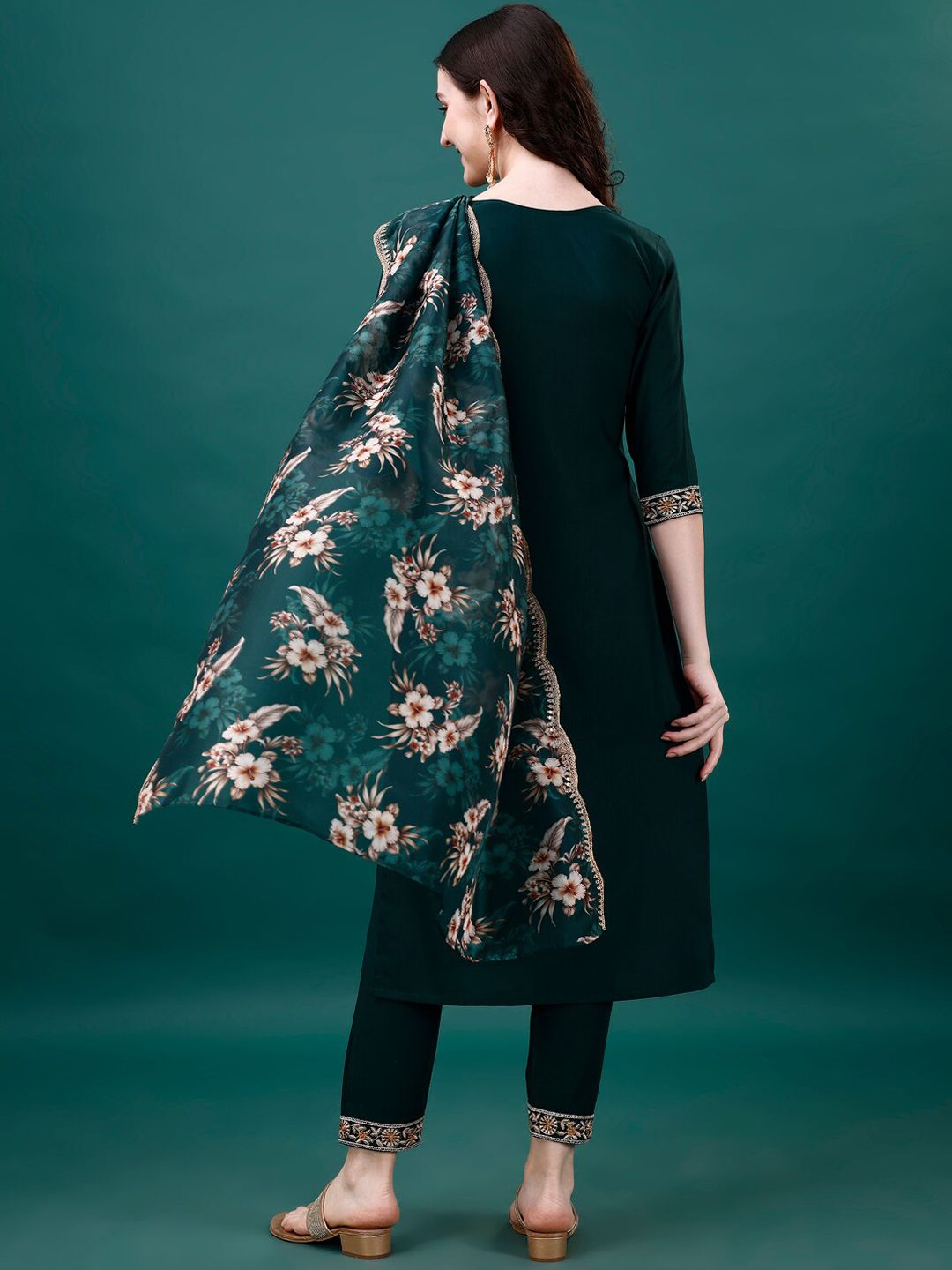 KALINI Floral Embroidered Sequinned Kurta & Trousers With Dupatta