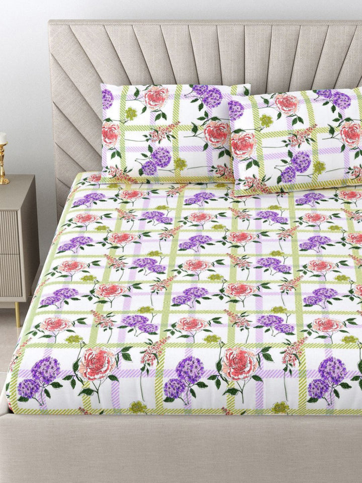 BOMBAY DYEING Florentine White Floral Pure Cotton 144TC Queen Bedsheet Set 2.28 m X 2.54 m