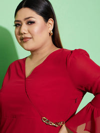 SASSAFRAS Curve Plus Size Maroon V-Neck Bell Sleeves Georgette Warp Midi Dress