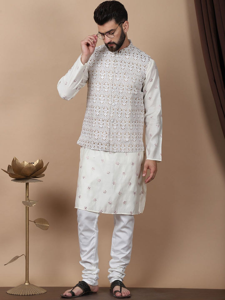 Anouk Cream-Coloured Floral Embroidered Cotton Silk Kurta with Churidar & Nehru Jacket