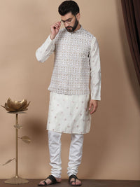 Anouk Cream-Coloured Floral Embroidered Cotton Silk Kurta with Churidar & Nehru Jacket