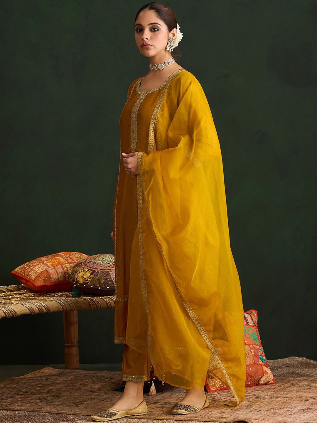 Indo Era Ethnic Motifs Embroidered Sequinned Kurta With Trousers & Dupatta