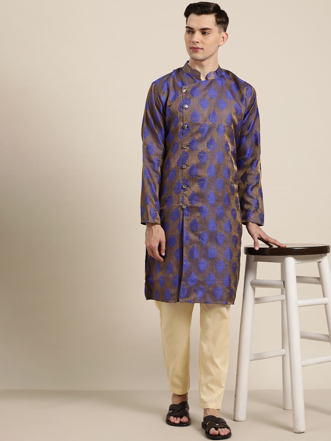SOJANYA Lelaki Biru & Coklat Motif Etnik Jacquard Kurta
