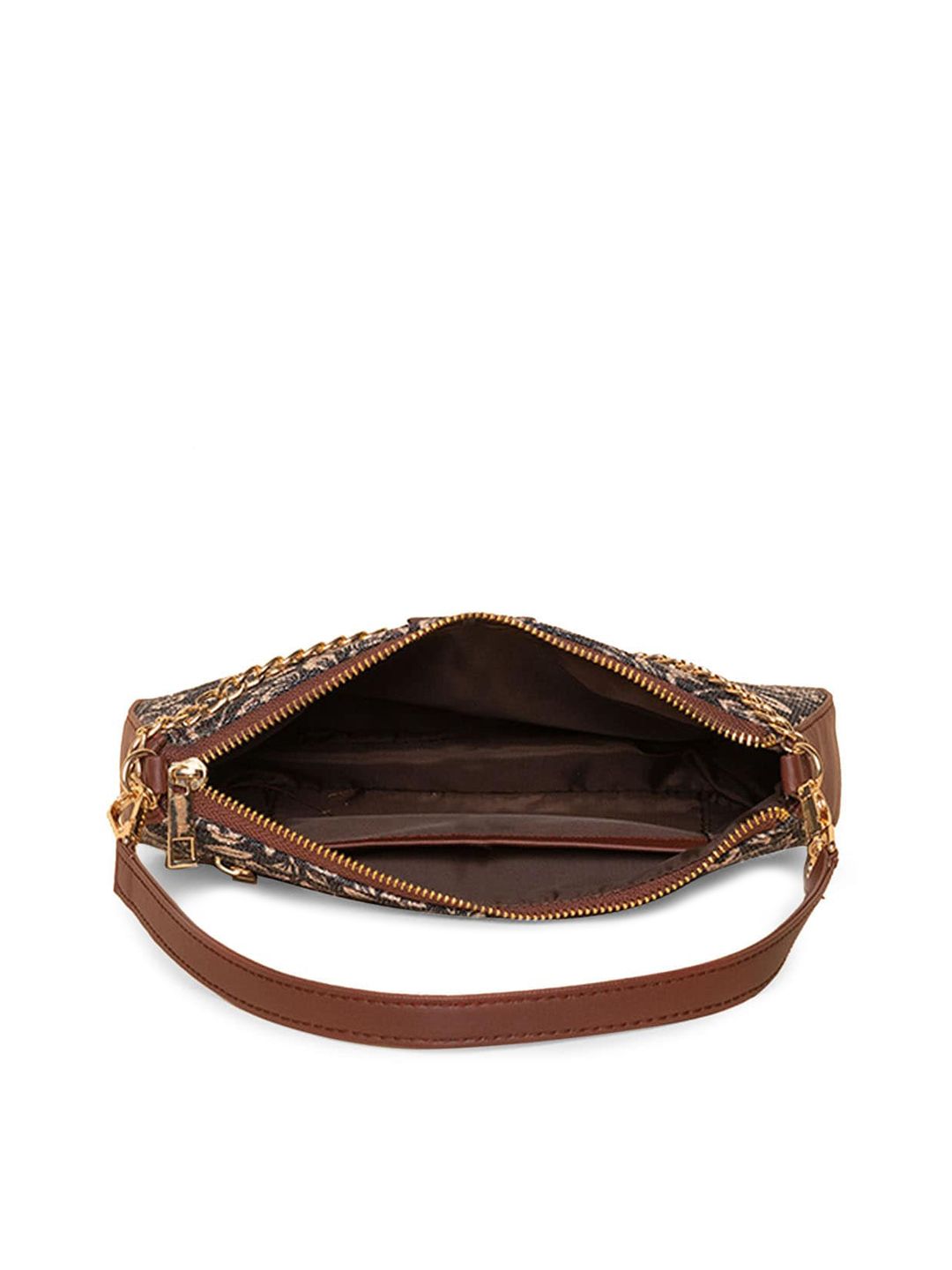 ZOUK Black Floral Printed Structured Baguette Bag with Applique