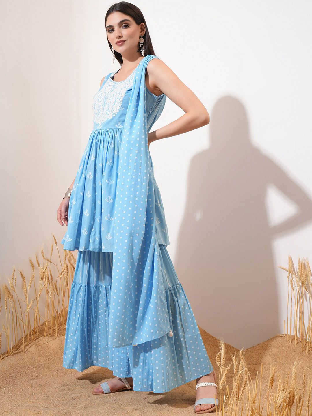 Vishudh Blue Floral Printed Sleeveless Pure Cotton A-Line Kurta With Sharara & Dupatta
