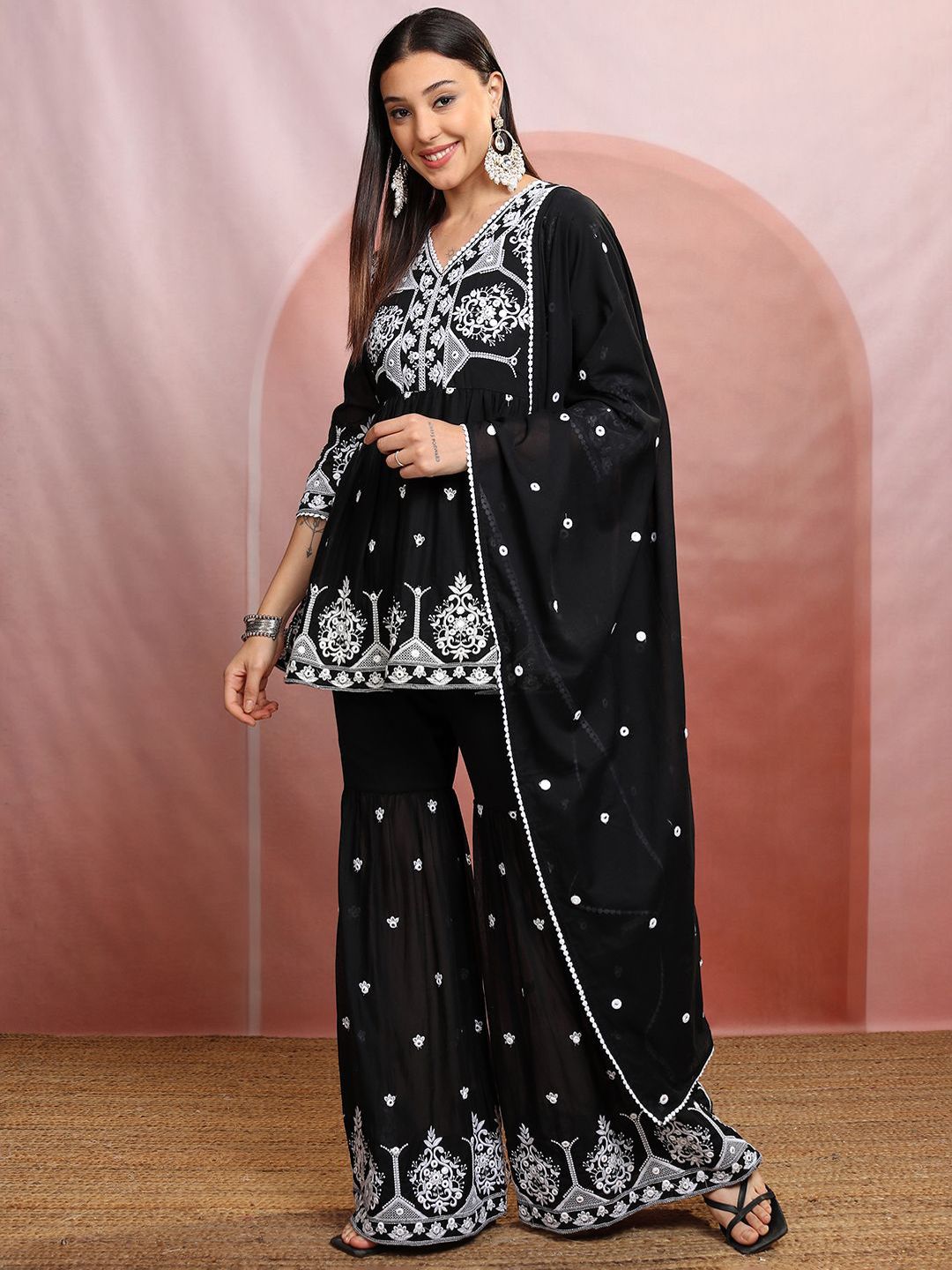 Vishudh Black Floral Embroidered Thread Work Pure Cotton Kurti with Sharara & Dupatta
