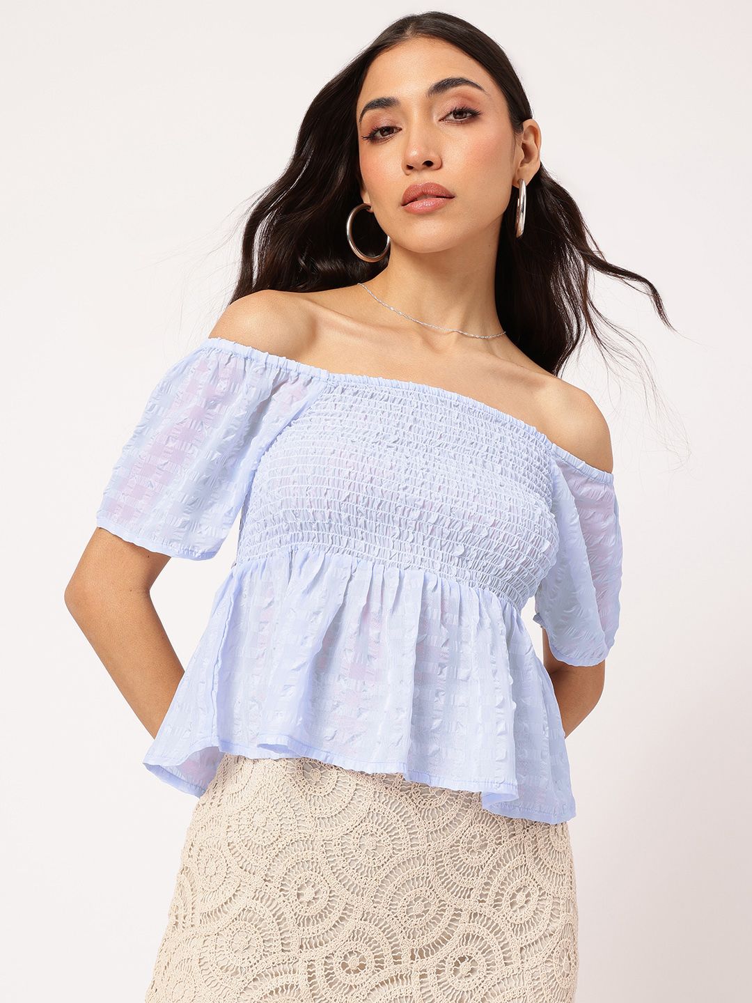 DressBerry Stylish Darling Smocked Off-Shoulder Textured Peplum Top