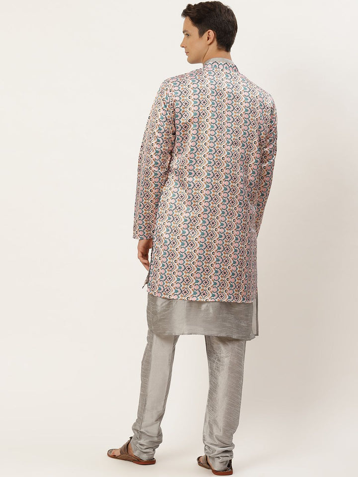 SOJANYA Men Grey & Pink Kurta with Churidar