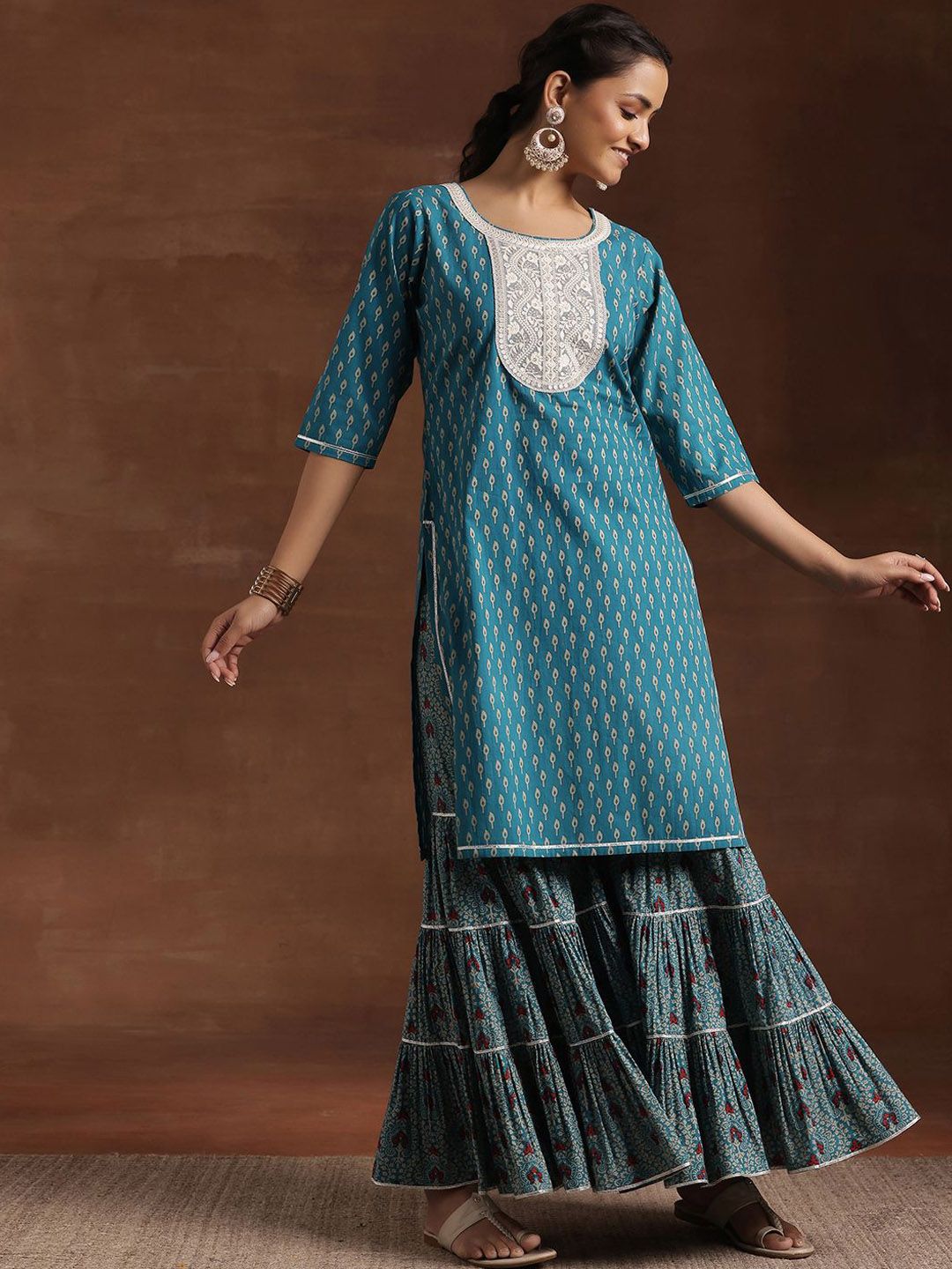 Libas Floral Printed Pure Cotton Kurta with Sharara & Dupatta