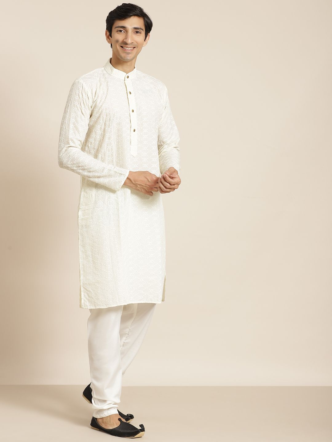 SOJANYA Men Cream-Coloured Chikankari Pure Cotton Kurta with Churidar & Nehru Jacket