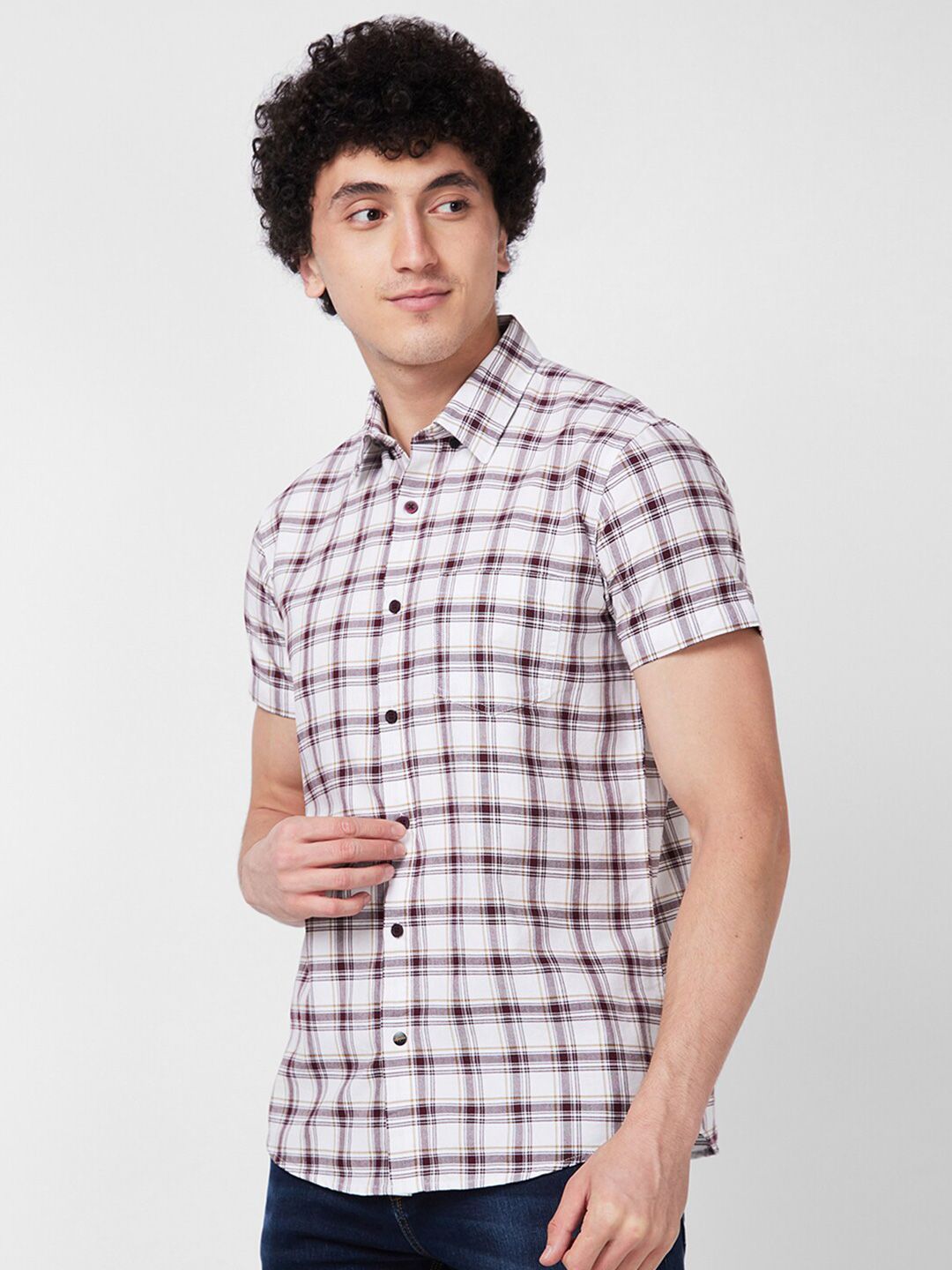 SPYKAR Short Sleeves Regular Fit Cotton Tartan Checks Opaque Checked Casual Shirt