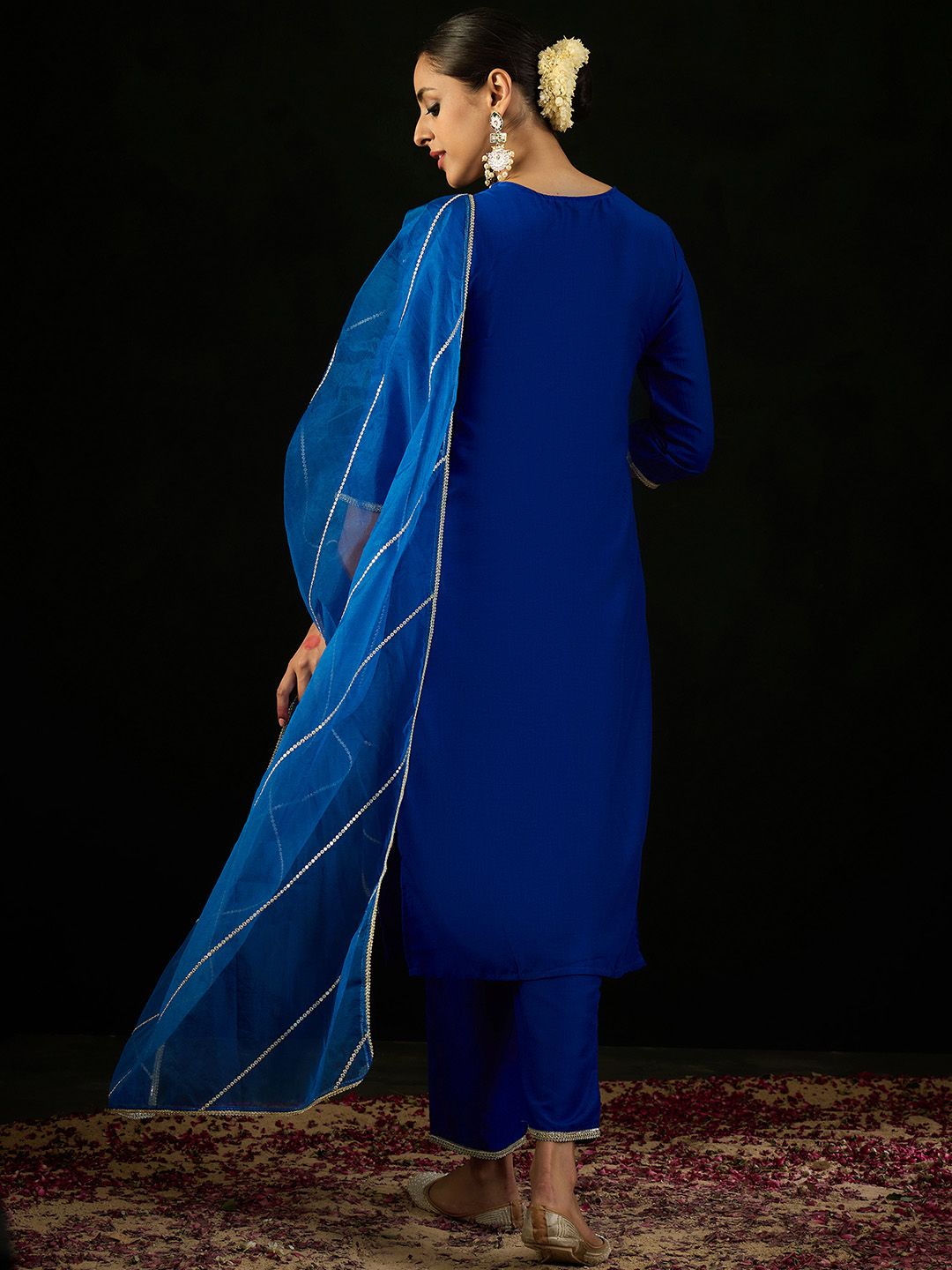 Indo Era V Neck Floral Yoke Design Zardozi Straight Kurta with Trouser & Dupatta