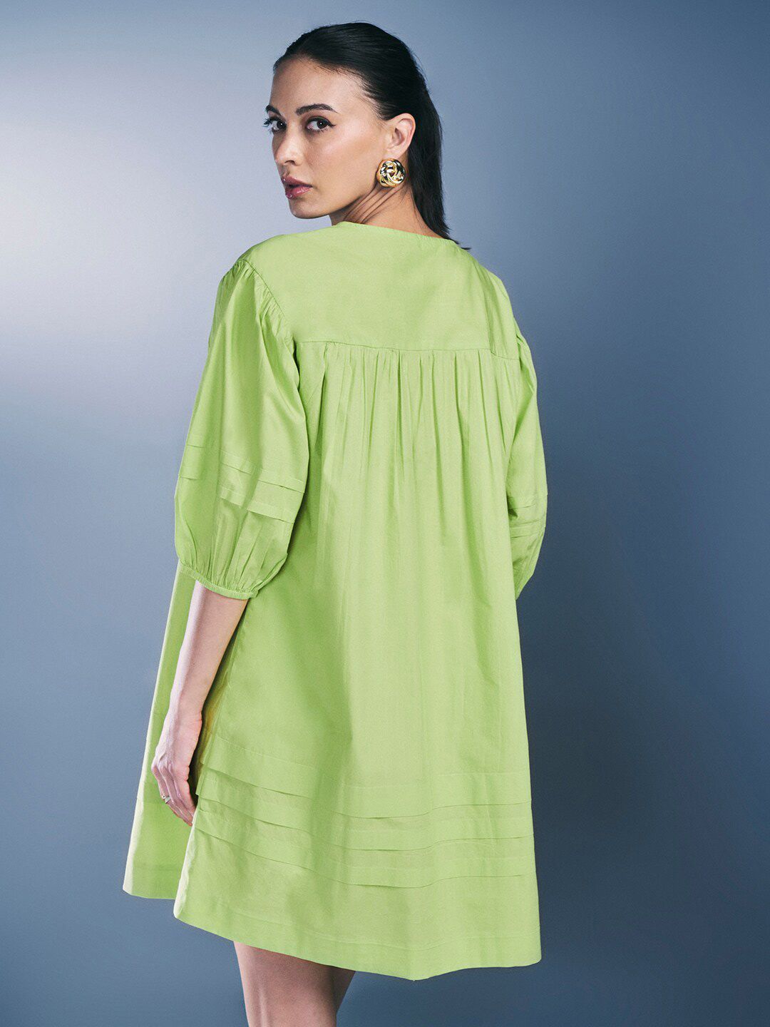 AND Round Neck Puff Sleeve Pure Cotton A-Line Dress