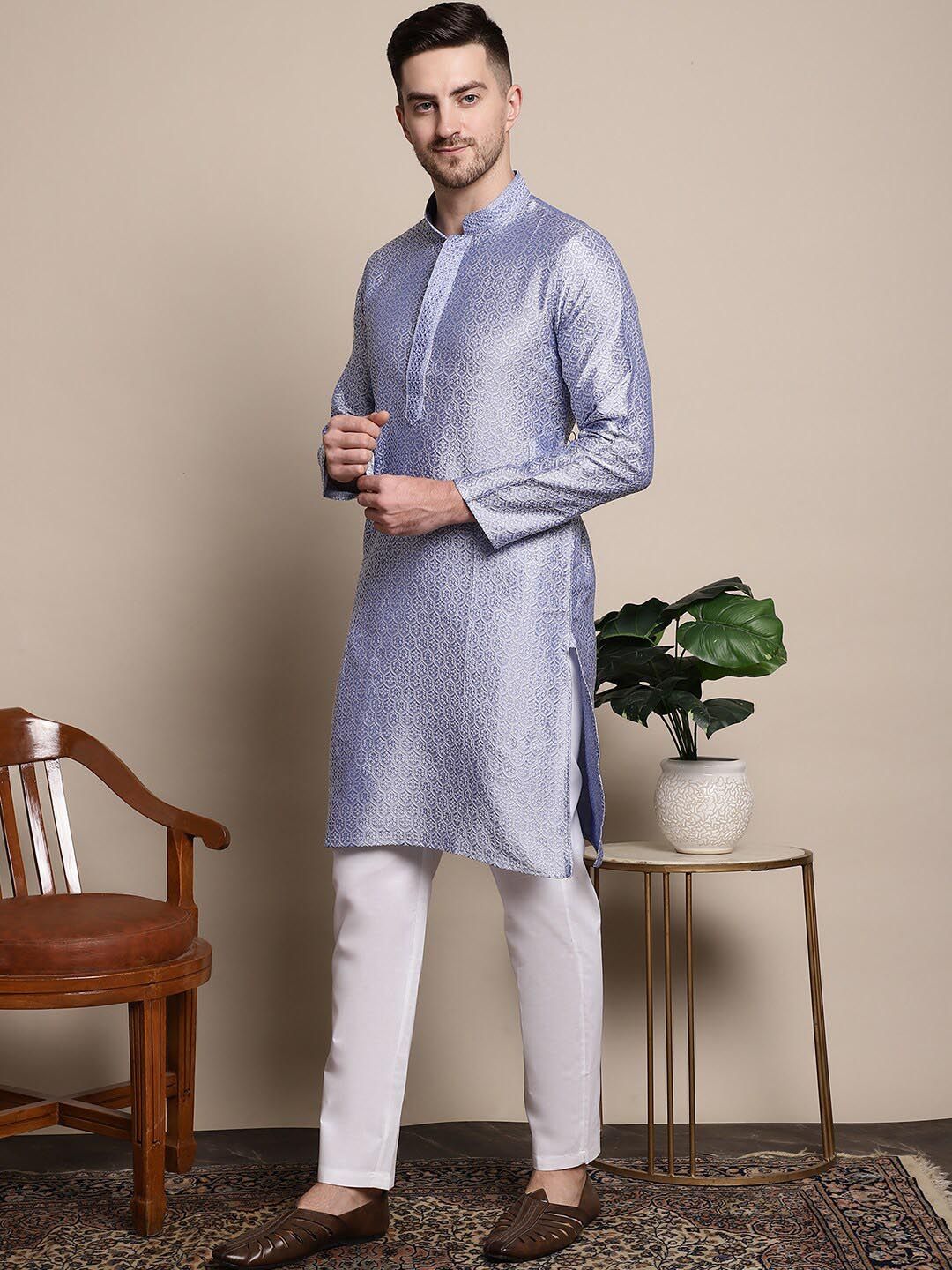 Anouk Blue & White Ethnic Motifs Woven Design Mandarin Collar Kurta with Pyjamas