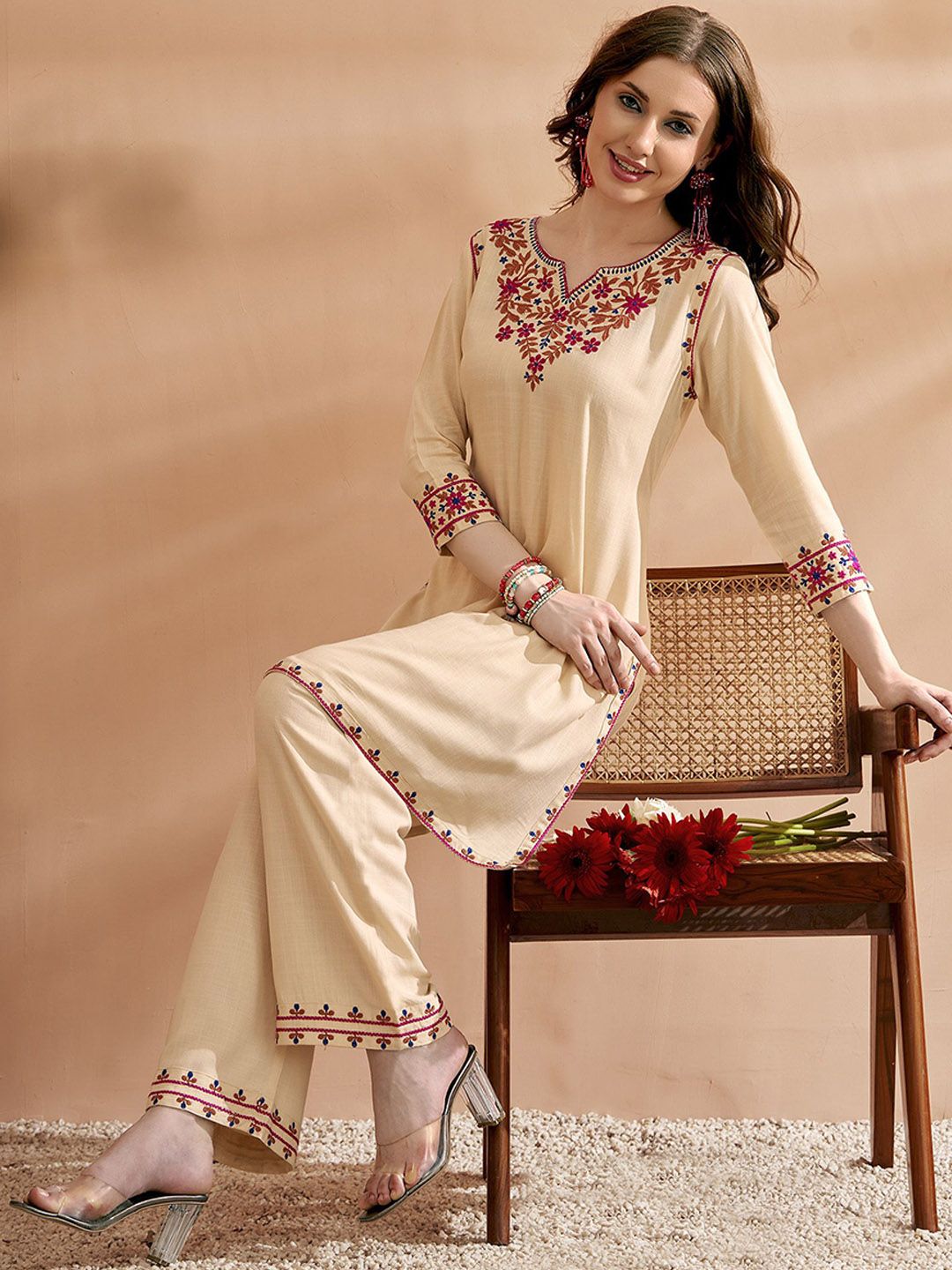 Anouk Embroidered Three Quarter Sleeves Kurta With Trousers Set