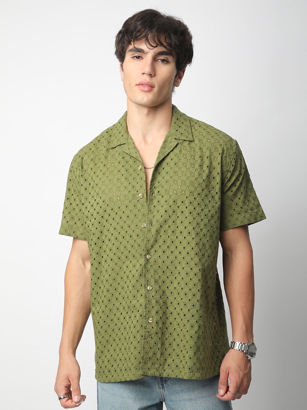 VASTRADO Men Classic Cuban Collar Textured Cotton Oversized Casual Shirt
