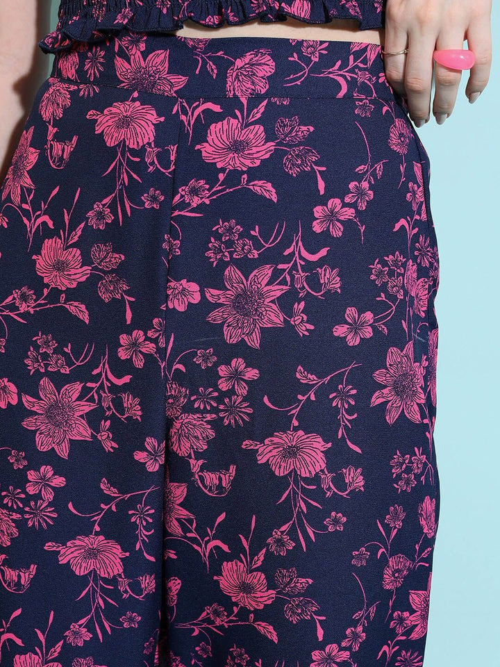 Navy-Blue and Pink Floral Printed Co-Ords