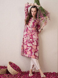 Indo Era Floral Printed Notch Neck Thread Work Cotton Straight Kurta