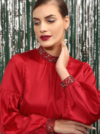 STREET 9 Jewel neck Puffed Sleeves Satin Top