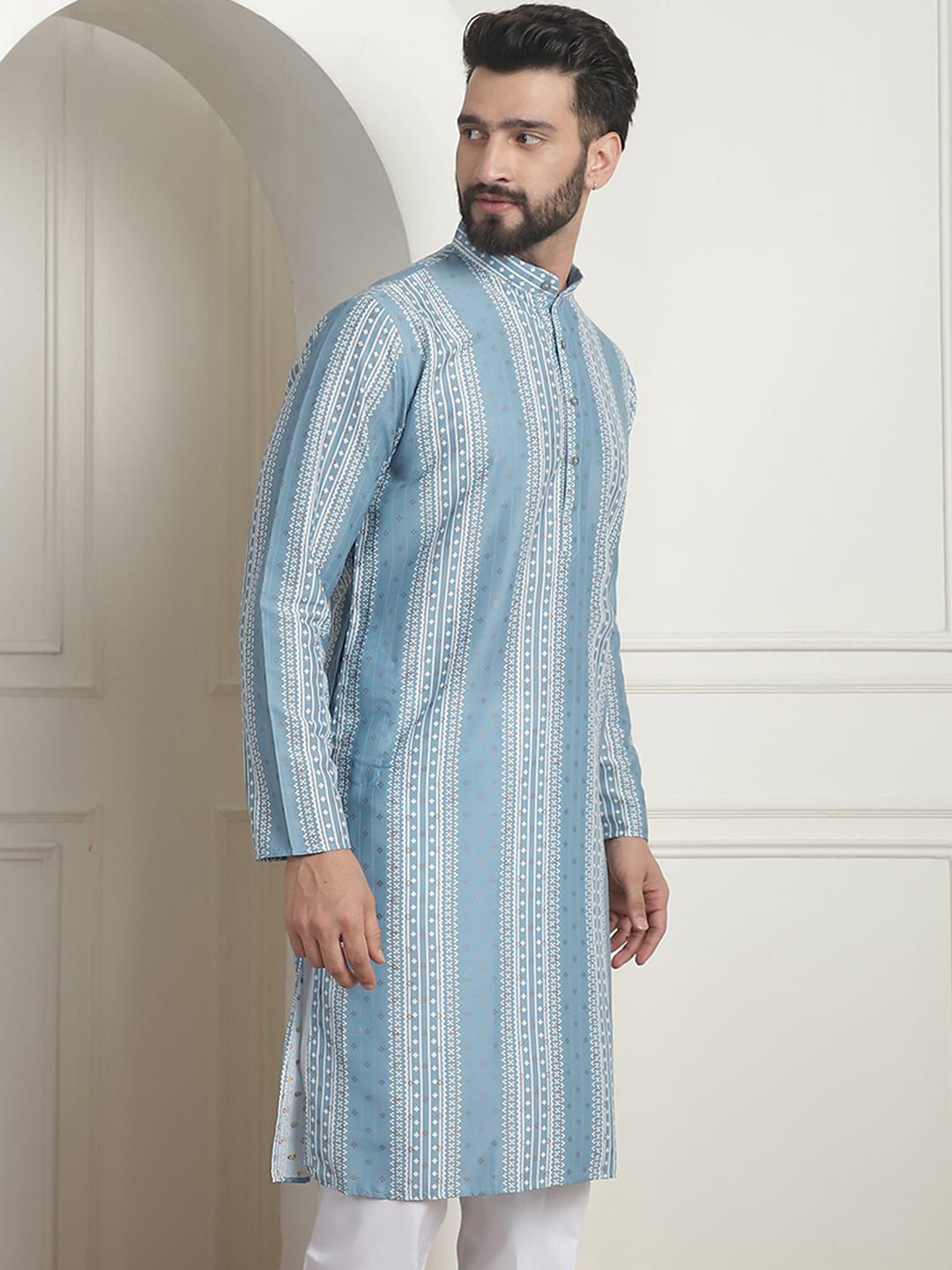 SOJANYA Mandarin Collar Lengan Panjang Cotton Thread Work Kurta