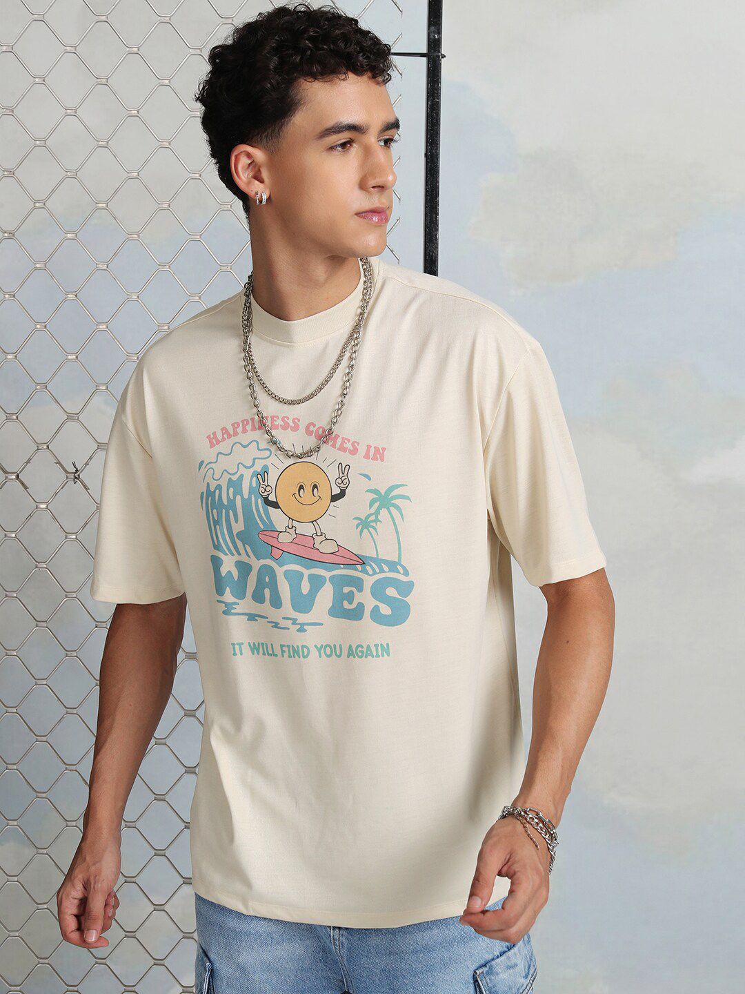 HIGHLANDER Printed Round Neck Oversized Cotton T-shirt