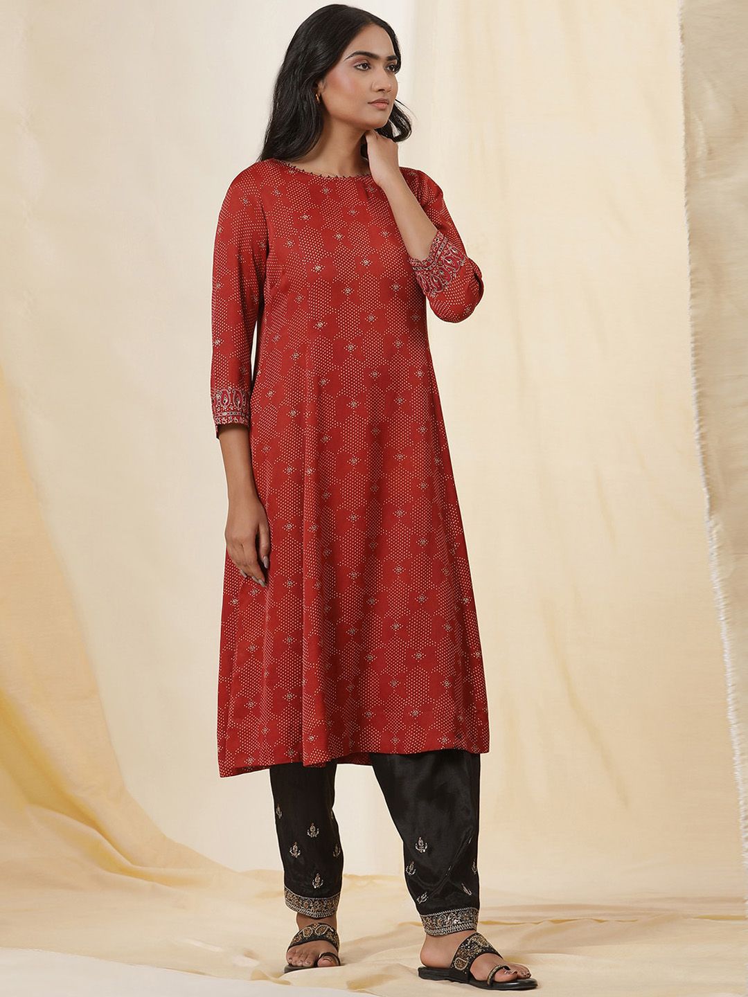 W Abstract Woven Design Round Neck A-line Kurta