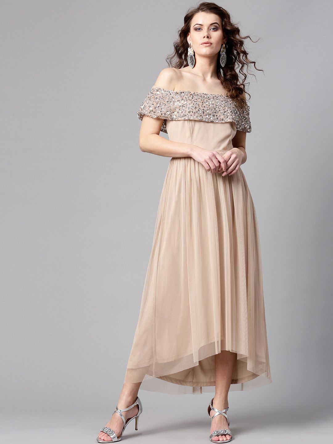 STREET 9 Women Beige Solid Net Off-Shoulder Maxi Dress