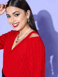 Berrylush Women Stunning Red Cable Knit Knits Bits Sweater
