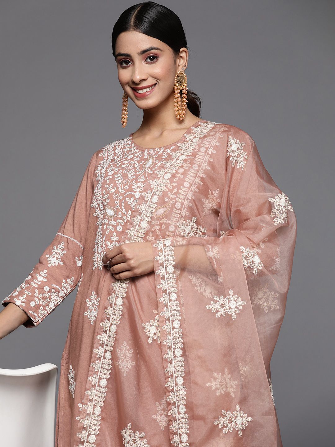 Varanga Women Beige Thread Embroidered Pure Cotton Kurta with Trouser and Dupatta