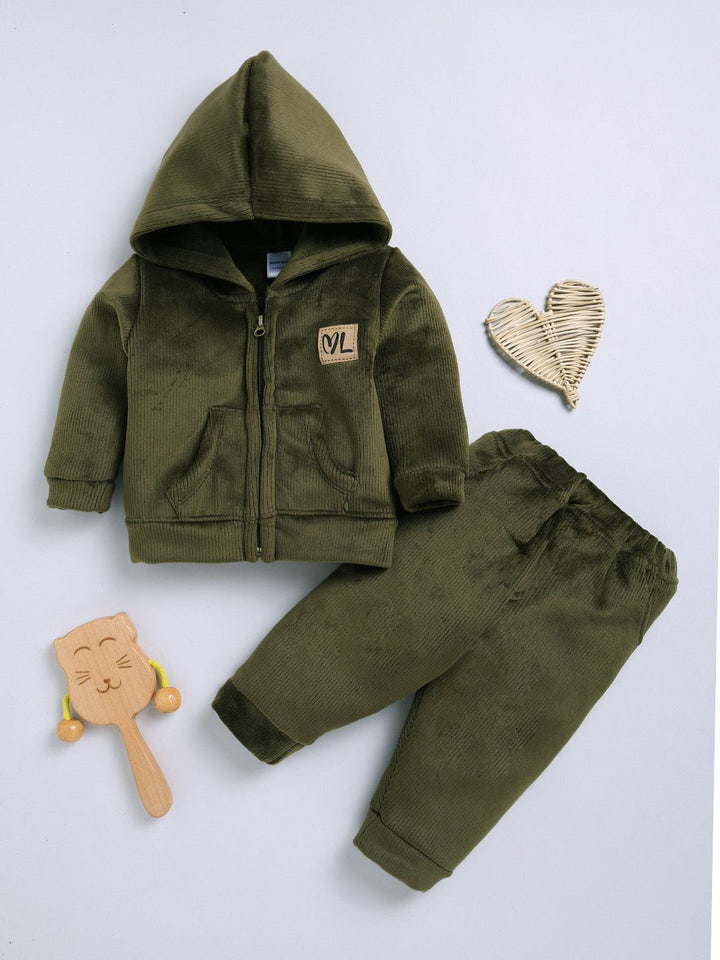 Moms Love Infant Boys Ribbed Velvet-Finish Pure Cotton Hooded Sweatshirt With Joggers