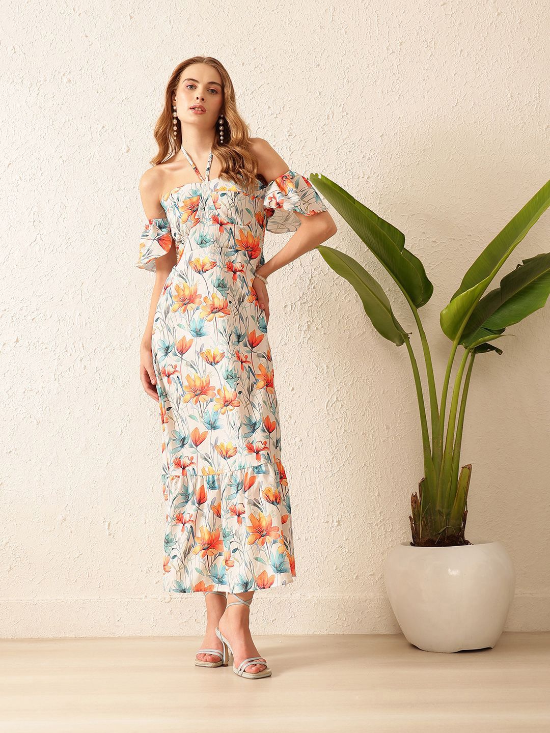 STREET 9 Floral Print Off-Shoulder Bell Sleeve Crepe Maxi Dress