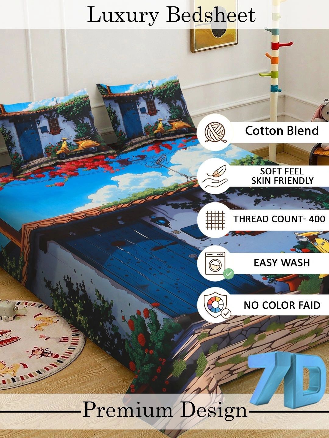 KLOTTHE Blue & Green Abstract Printed Fitted 400 TC King 7D Bedsheet with 2 Pillow Covers