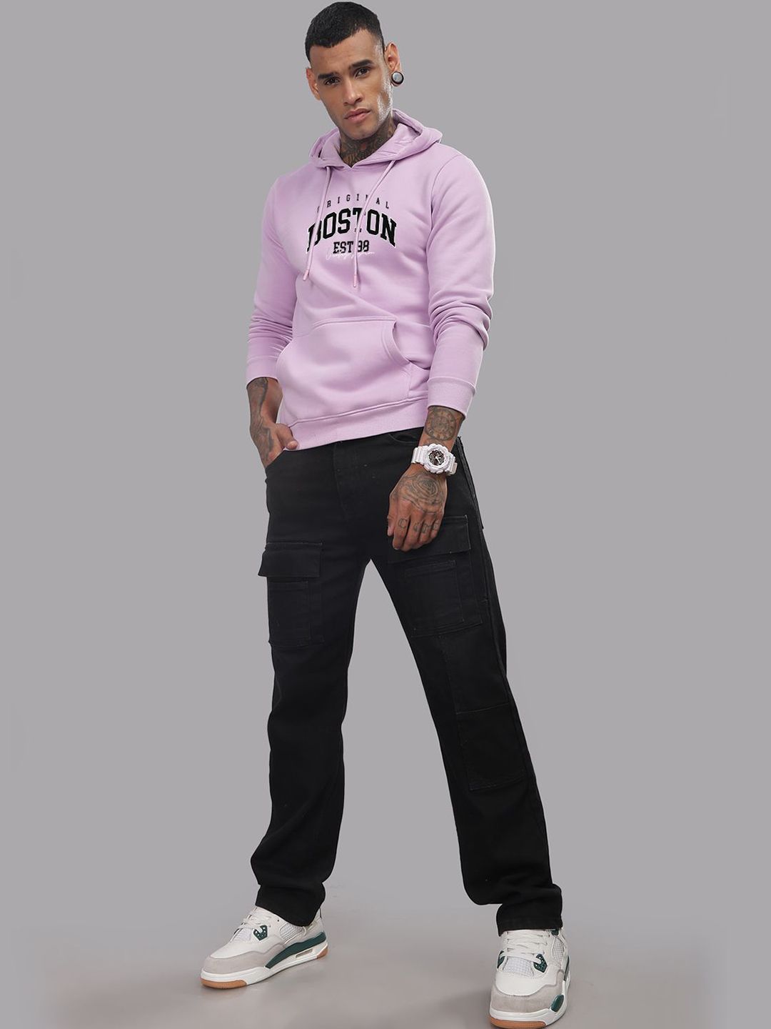 ADRO Men Typography Printed Hood Cotton Pullover Ribbed Sweatshirt