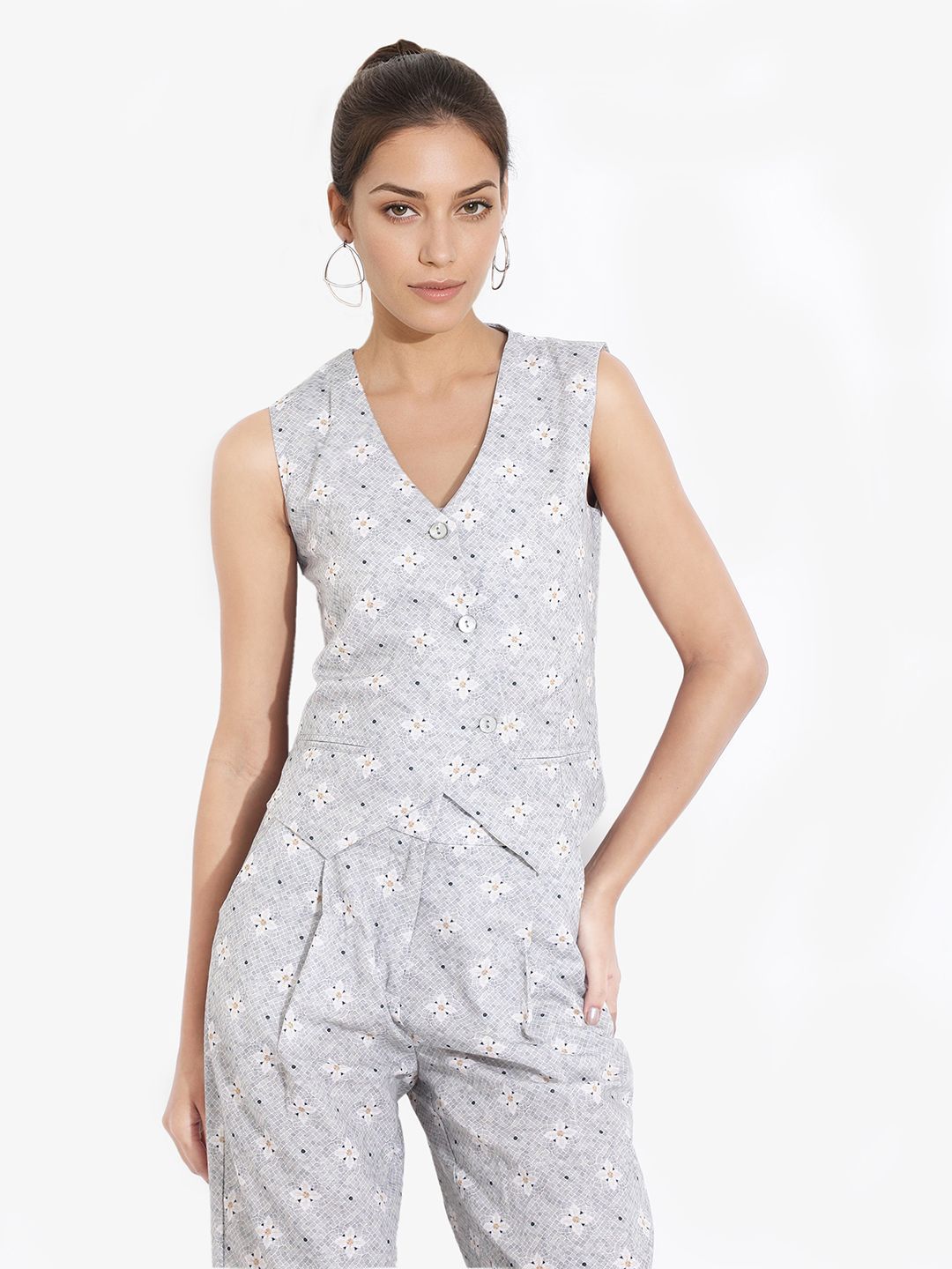 Rareism Women Floral Printed Lengan Tanpa V-Neck Wrap Top
