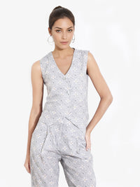 Rareism Women Floral Printed Lengan Tanpa V-Neck Wrap Top