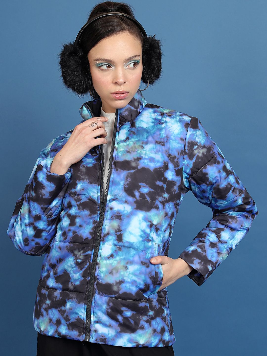 Tokyo Talkies Blue Abstract Printed Mock Collar Padded Jacket