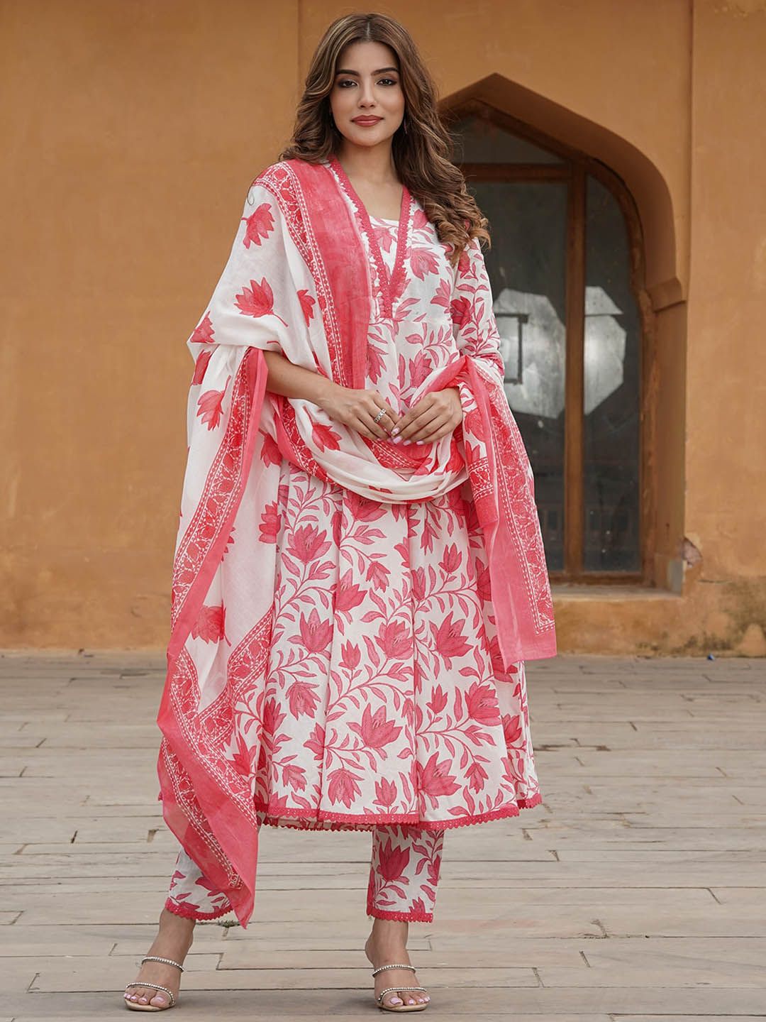KALINI Floral Printed V-Neck Regular Kurta With Trousers & Dupatta