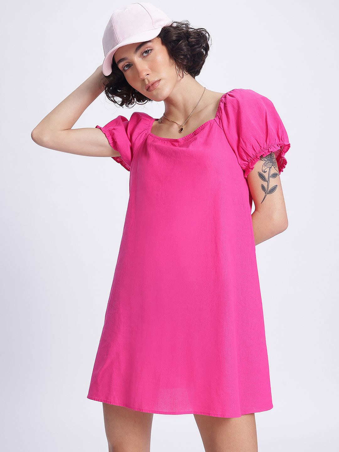 DressBerry Barbiecore Puff Sleeve Tie-Up Back A-Line Mini Dress