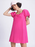 DressBerry Barbiecore Puff Sleeve Tie-Up Back A-Line Mini Dress