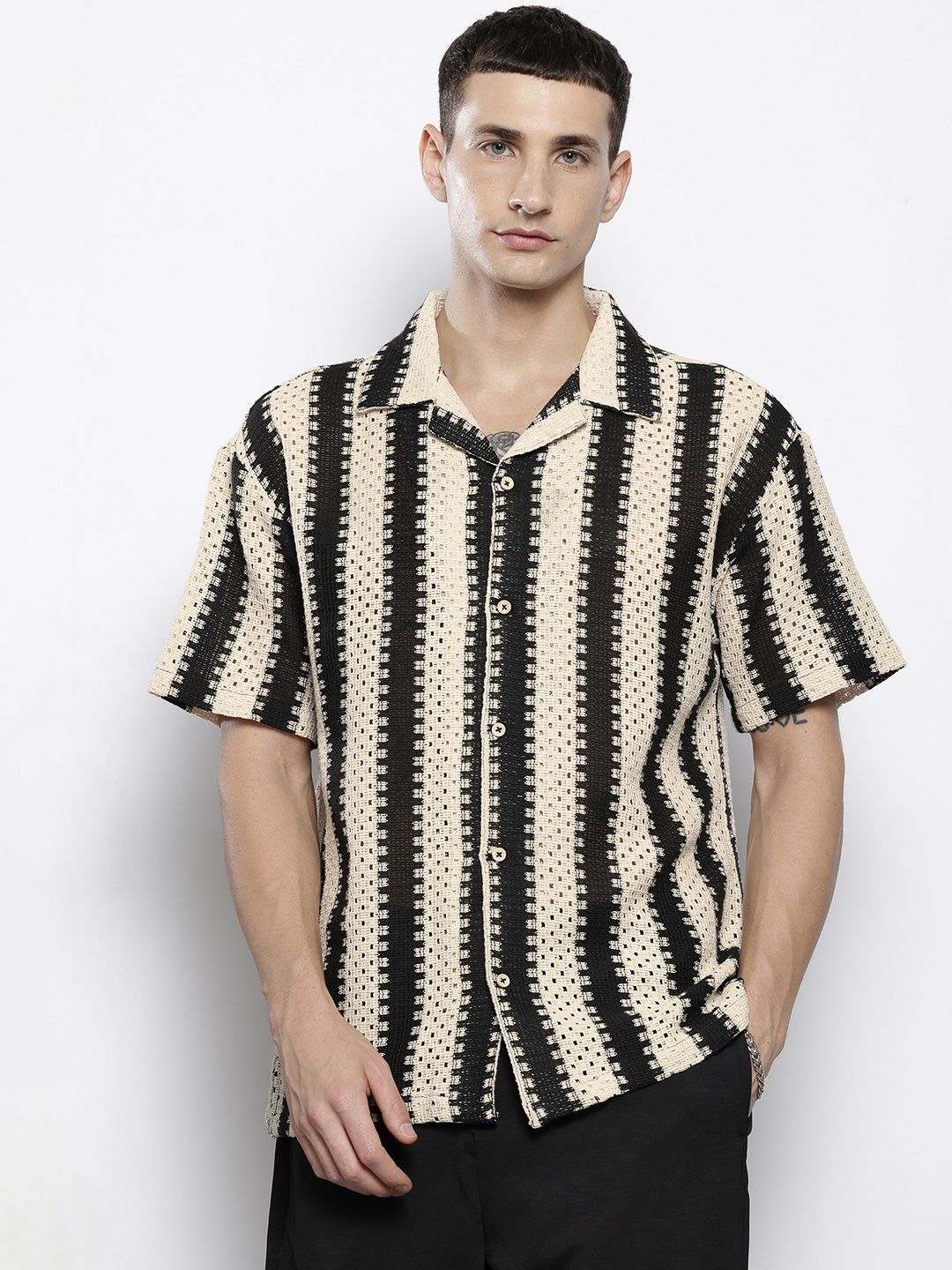 The Indian Garage Co Men Textured Open Weave Knitted Relaxed Fit Shirt
