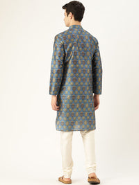 SOJANYA Lelaki Blue & Yellow Printed Angrakha Straight Kurta