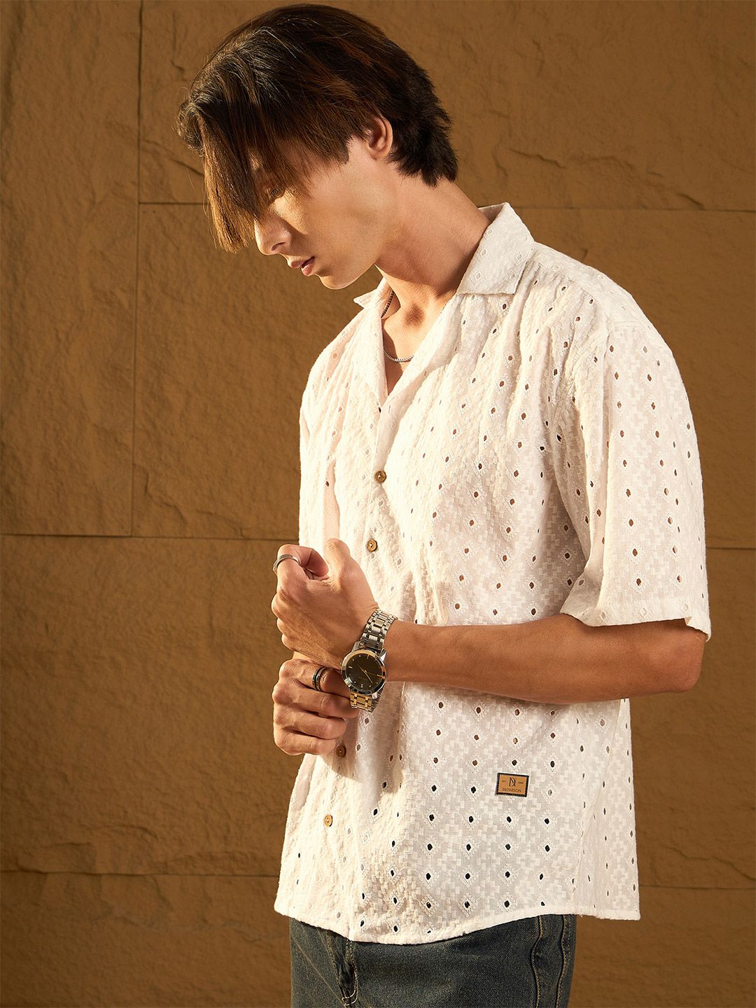 DENNISON Men Semi Sheer Drop Shoulder Oversized Schiffli Shirt